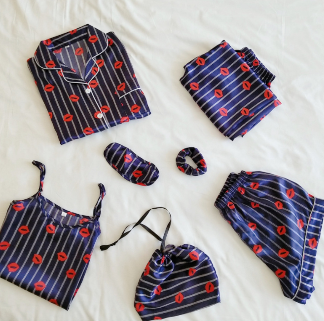 Simulated Silk Striped Seven-piece Loungewear