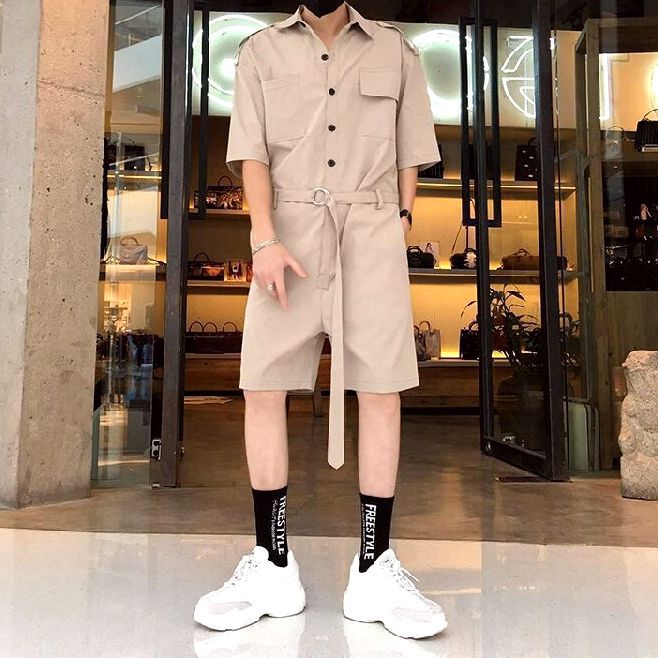 Fashion Men Romper Jumpsuit With Belt Half Sleeve Streetwear