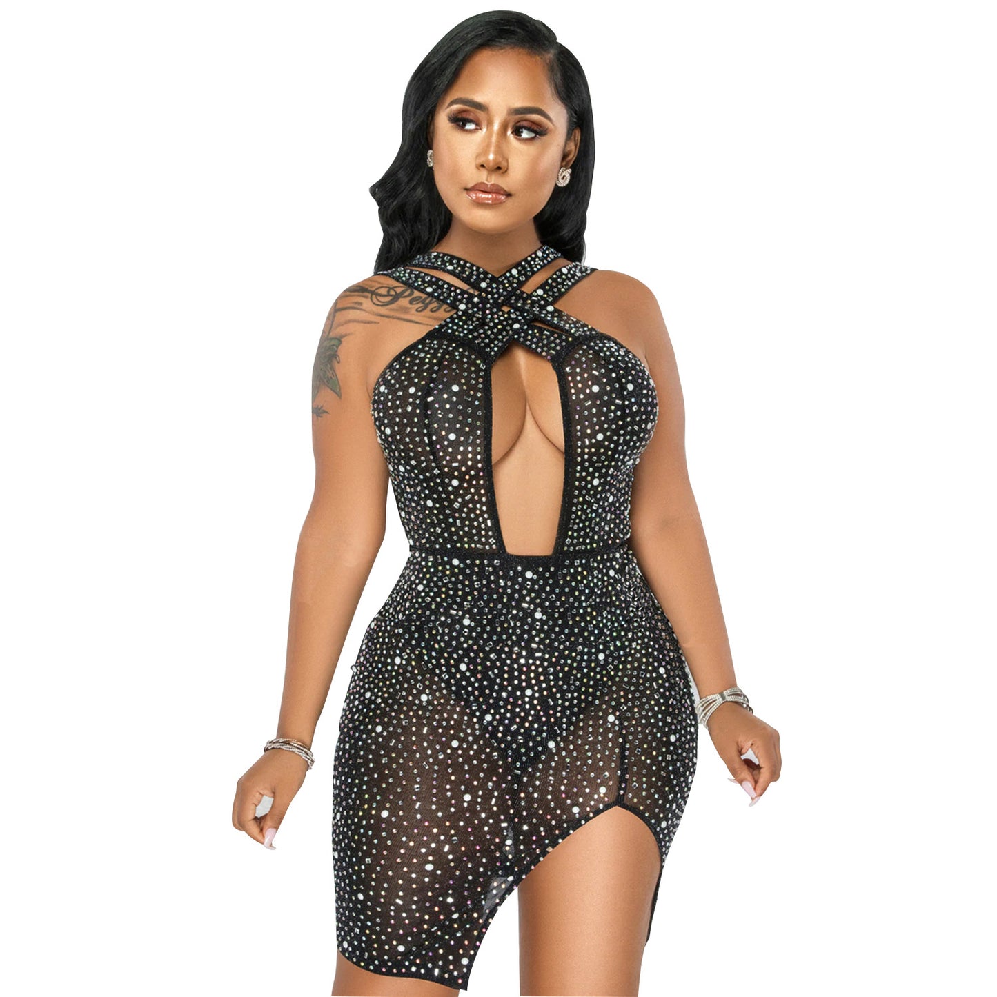 Women's Fashion Mesh Hot Diamond Nightclub Party Dress