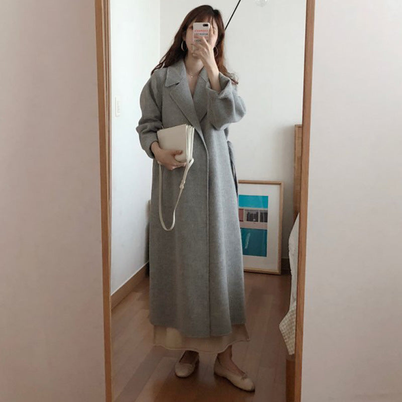 Lace Waist Long Warm Woolen Coat Women