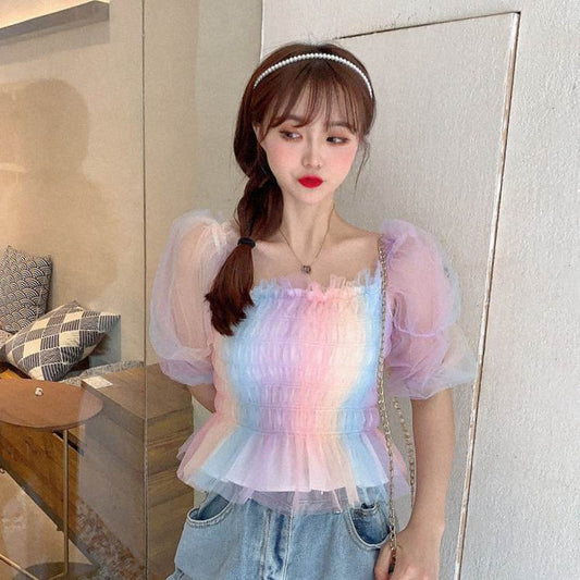 One-shoulder Chiffon Shirt Puff Sleeve Short Top Women Women