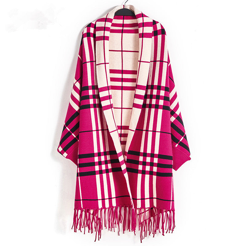 Plaid Mid-length Cardigan Women's Knitted Tassel Shawl Coat Women