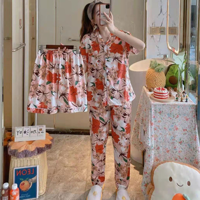 Fruit Pajamas Women's Summer Thin Short-sleeved Trousers Milk Silk Cute Loungewear Three-piece Suit