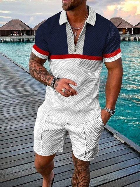 New Men's Fashion Casual Polo Shirt Shorts Two-piece Set