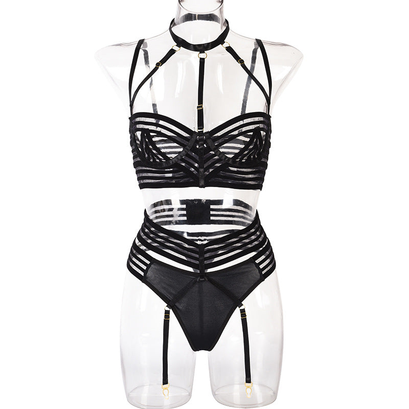 Lingerie Suit Black Webbing Stitching Halter Neck Nightclub  Suit