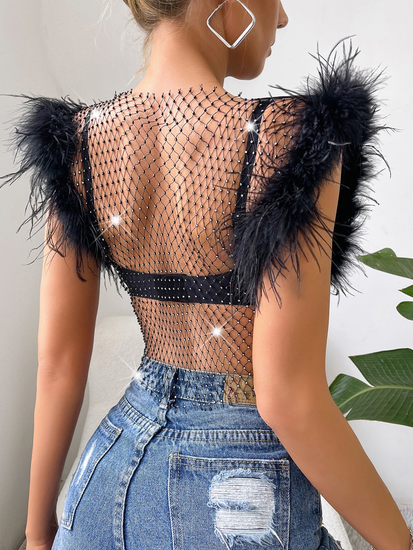 Women's Fashionable Slim-fit Diamond Super Shiny Ostrich Fur Rhinestone Fishnet Top