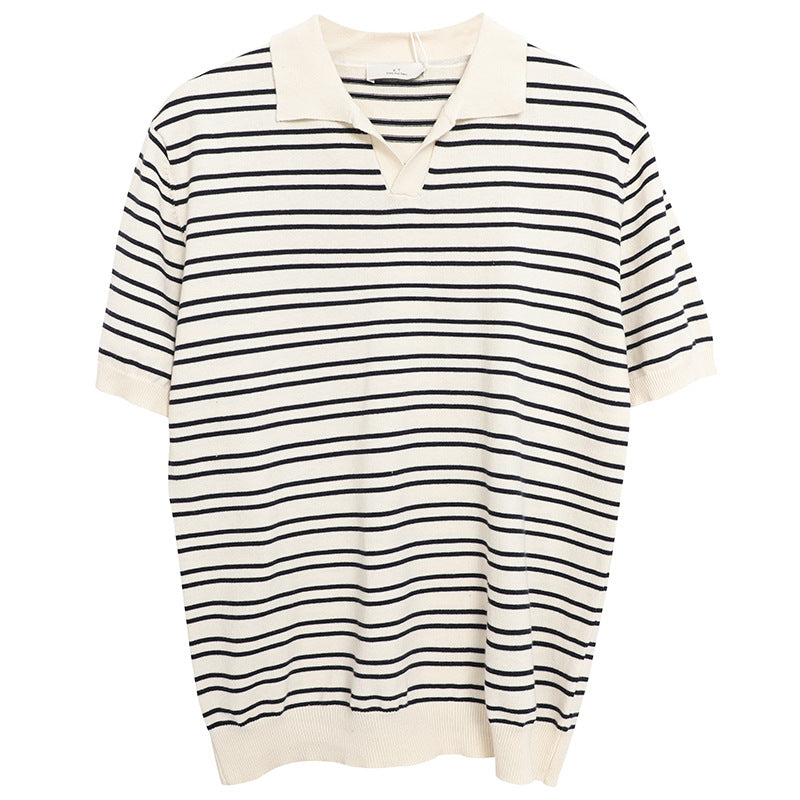 V-neck Ice Silk Striped Polo Shirt Men's Short-sleeved Lapel T-shirt