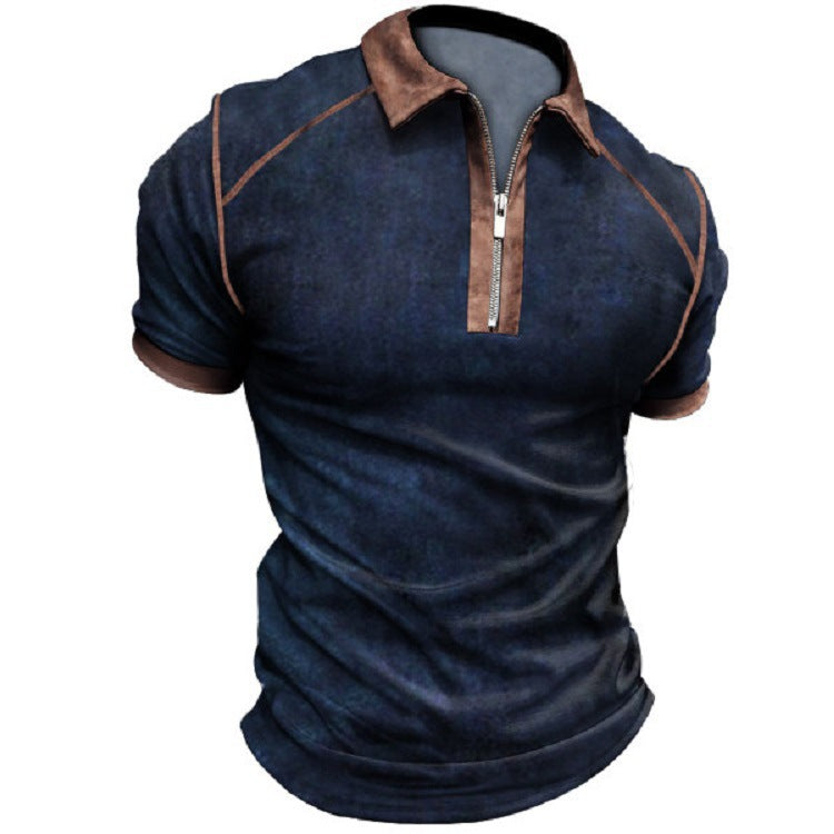 Men's Casual Short Sleeve Digital Print Zip Pullover Men's Polo Shirt