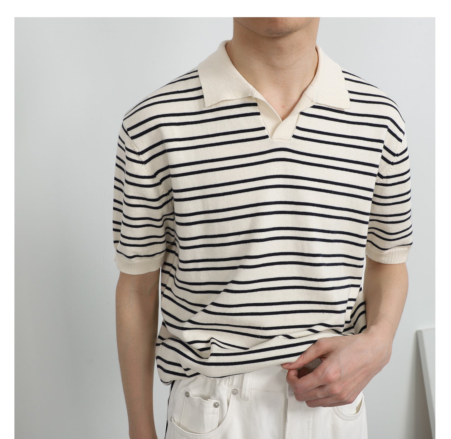 V-neck Ice Silk Striped Polo Shirt Men's Short-sleeved Lapel T-shirt