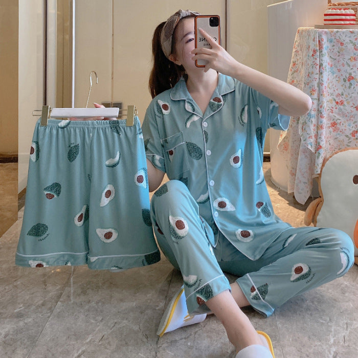 Fruit Pajamas Women's Summer Thin Short-sleeved Trousers Milk Silk Cute Loungewear Three-piece Suit