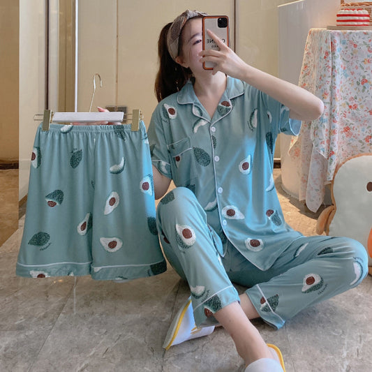 Fruit Pajamas Women's Summer Thin Short-sleeved Trousers Milk Silk Cute Loungewear Three-piece Suit