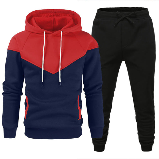 Men's Fleece-lined Sweater Suit Teenagers Fashion Casual Exercise Stitching Contrast Color