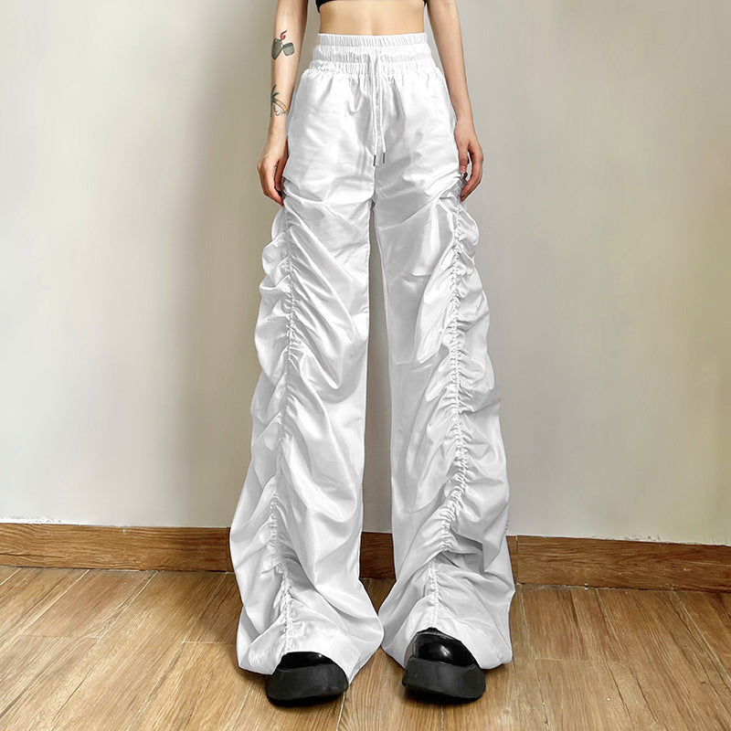 Grey Blue Pleated Drawstring Casual Pants For Women