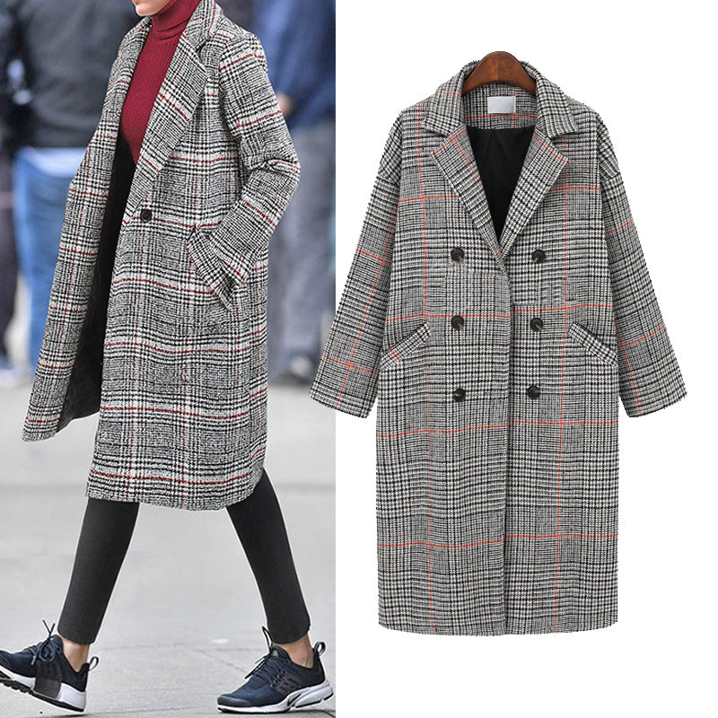 All-match plaid coat mid-length woolen coat