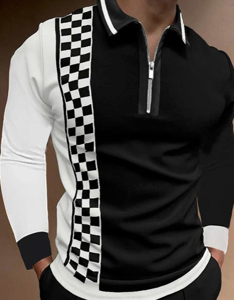 New Men's Chain Pattern Zip Polo Shirt