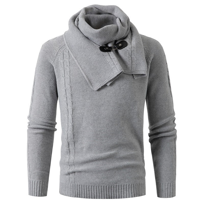 Men's Long-sleeved Scarf Detachable Slim Round Neck Pullover Knitted Sweater