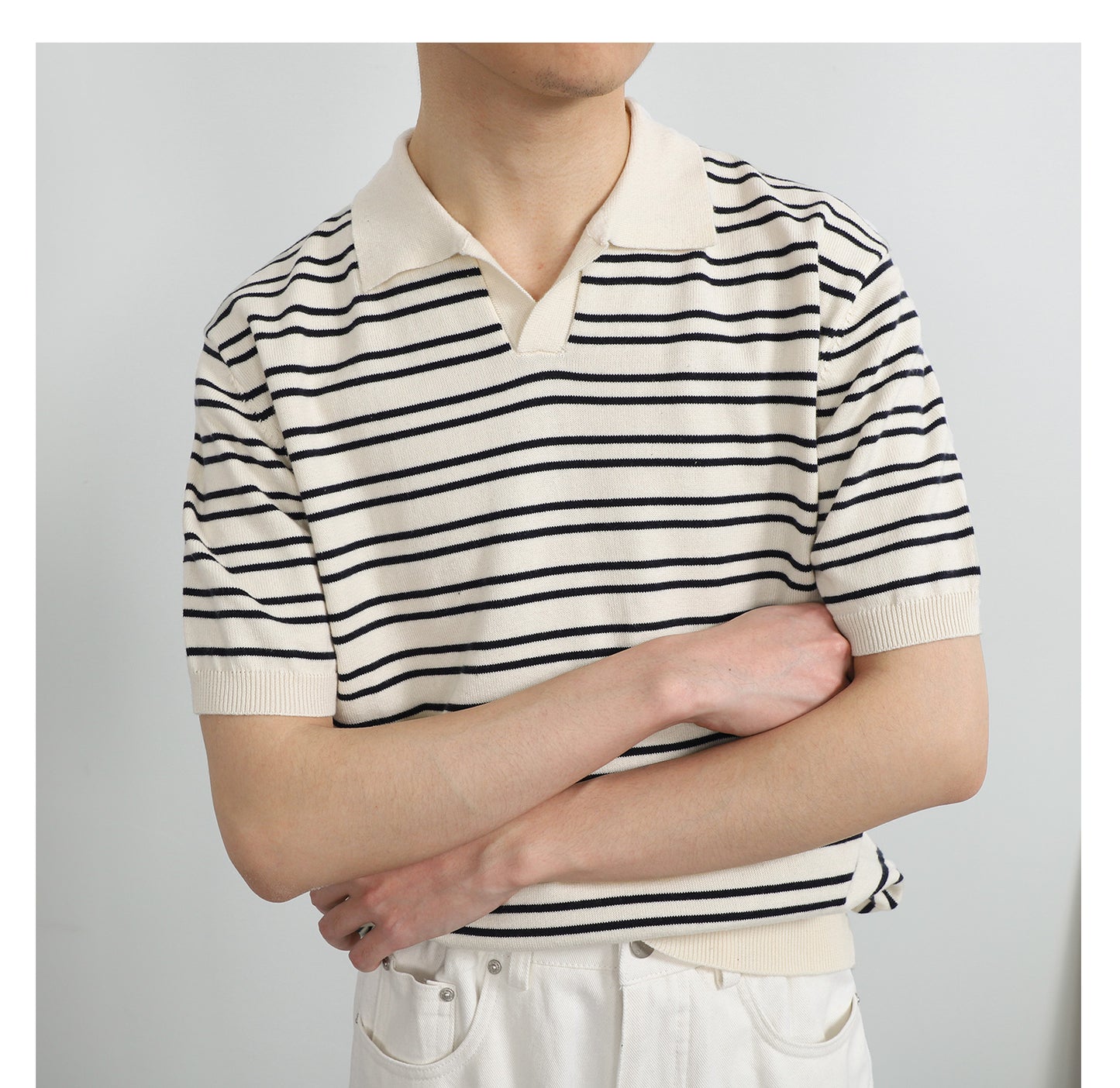 V-neck Ice Silk Striped Polo Shirt Men's Short-sleeved Lapel T-shirt