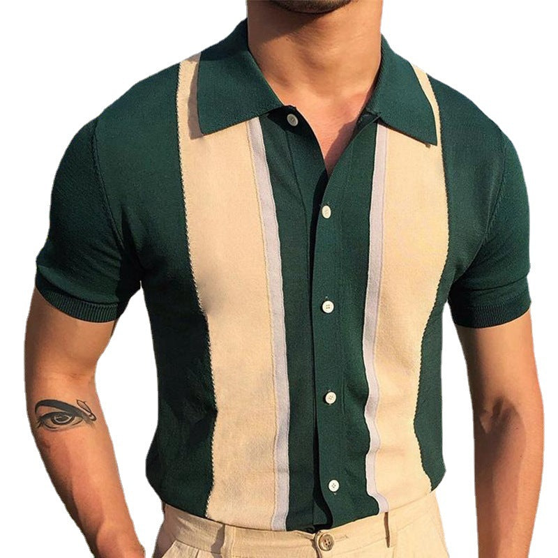 Men's Lapel Collar Contrast Color Knit Short Sleeve POLO Shirt