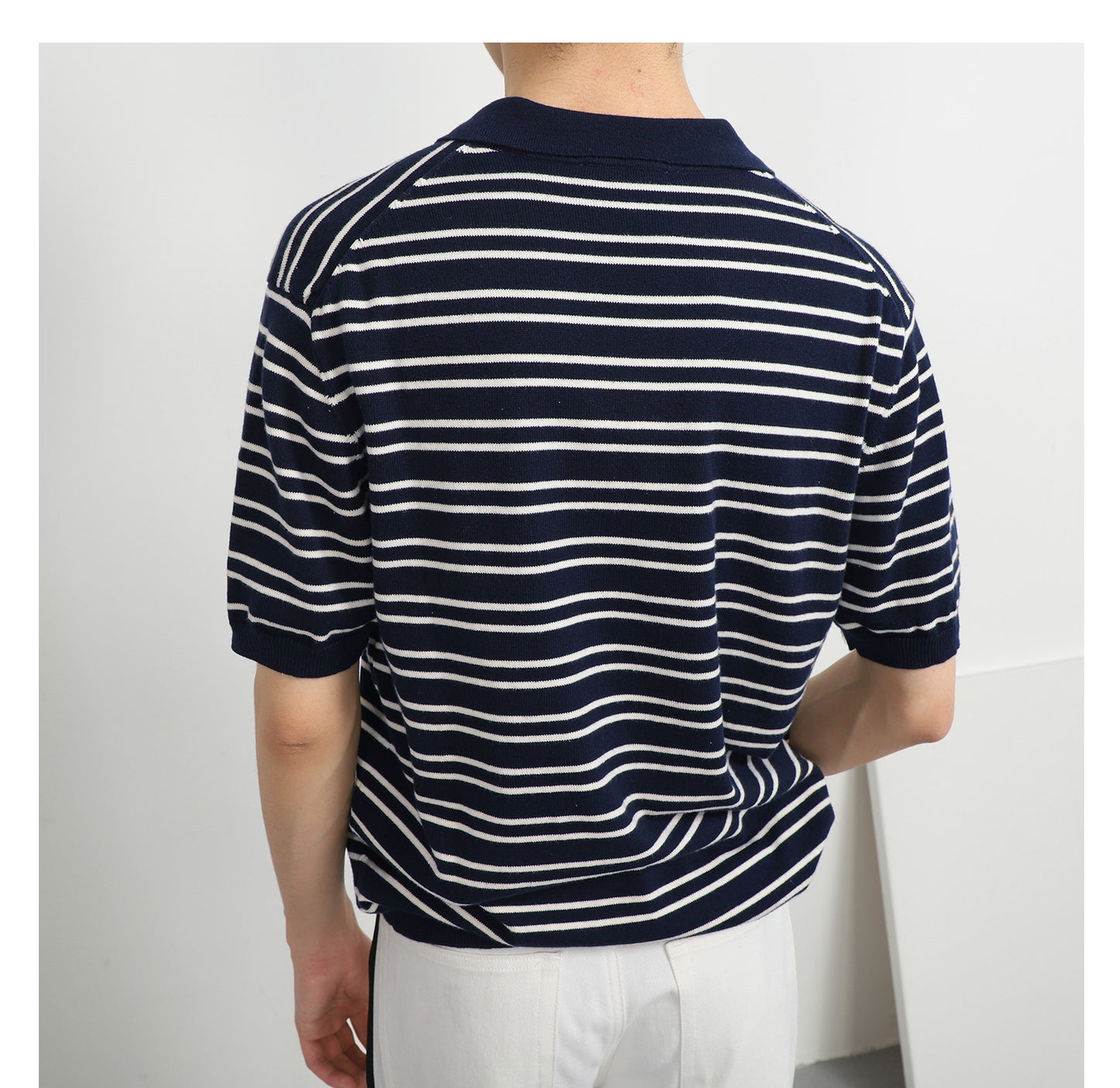 V-neck Ice Silk Striped Polo Shirt Men's Short-sleeved Lapel T-shirt