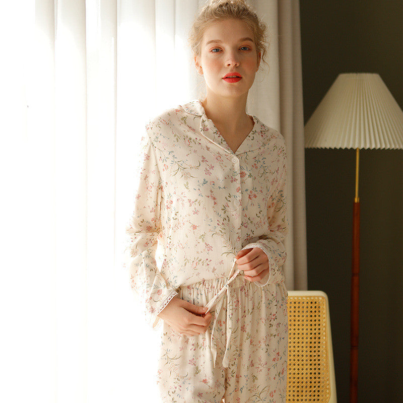 Rayon Satin Small Willow Leaf Floral Print Loungewear