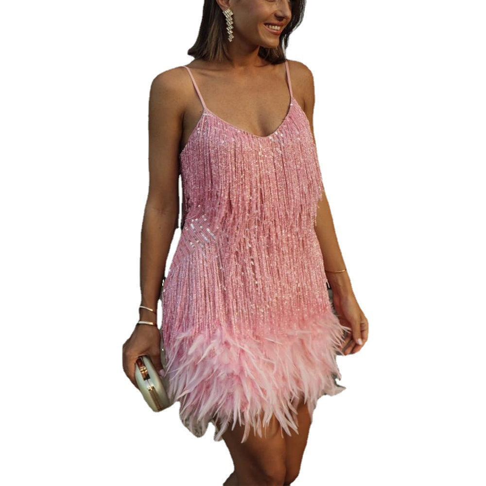 Lady Sexy V-neck Tassel Feather Sequins Dress