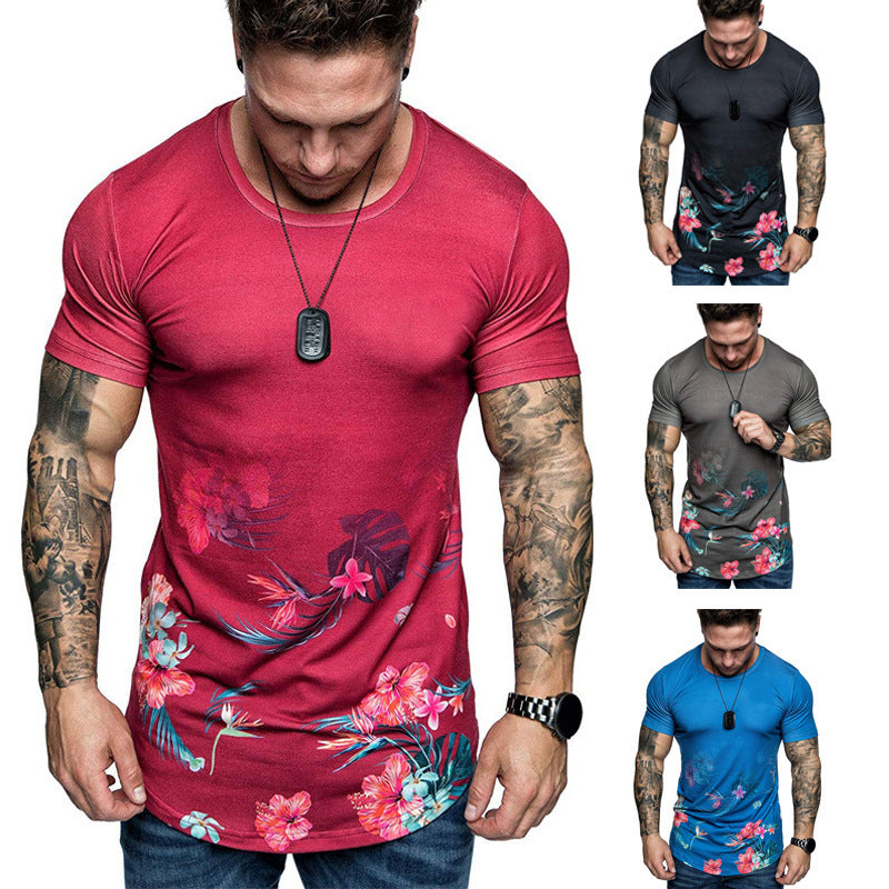 Summer Men Slim Fit Flower Print Shirt Short Sleeve T-shirt Gym Tee Club Casual Tops Plus Size