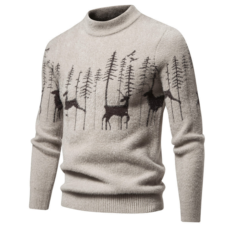 Christmas Sweater Men's Warm Deer Printed Round Neck Sweater