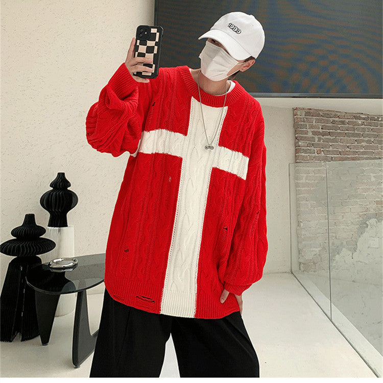 Vintage Trend Loose Knit Coat Hole Cross Sweater Men