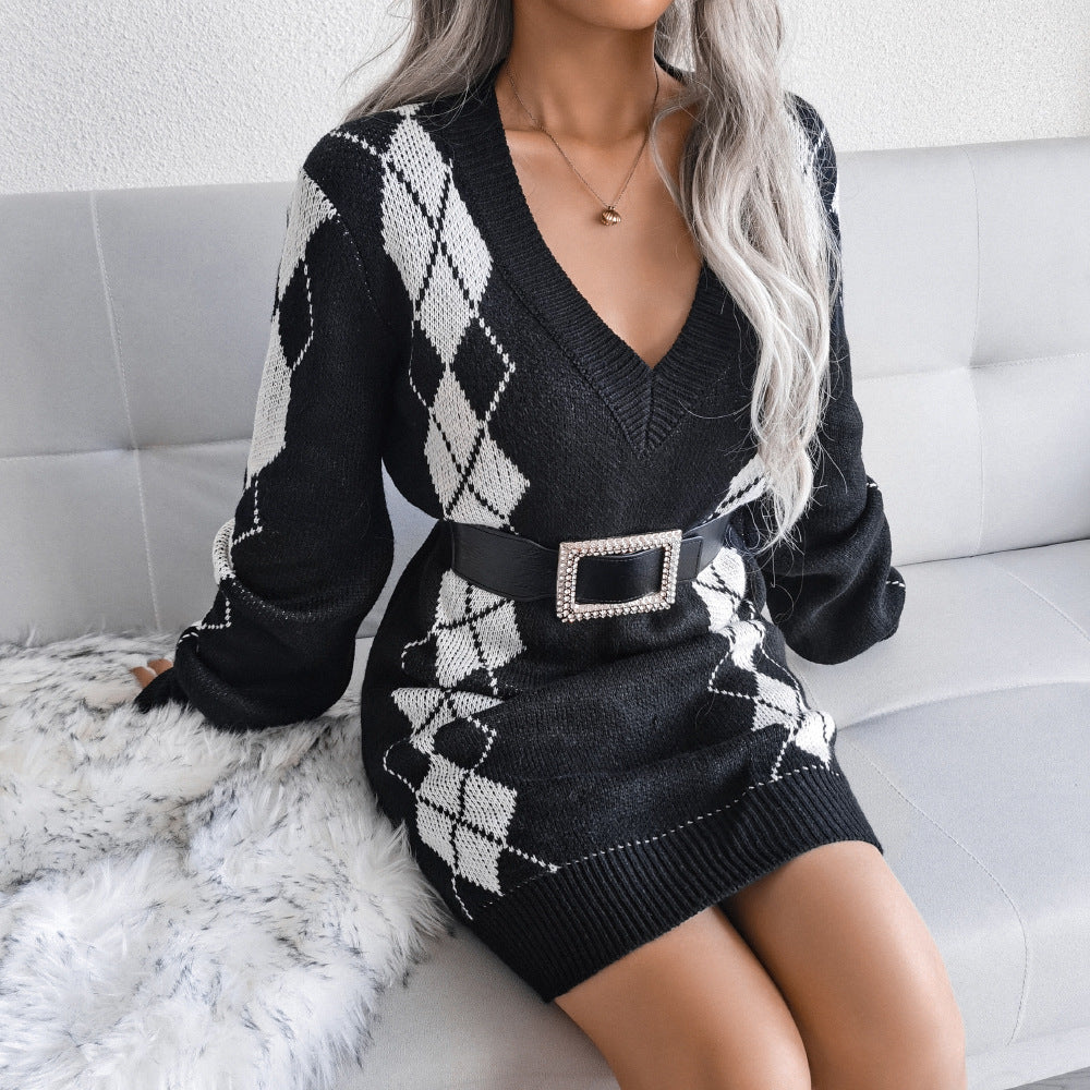 European And American College Style Diamond Sweater Dress