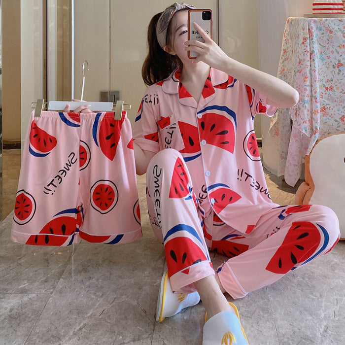 Fruit Pajamas Women's Summer Thin Short-sleeved Trousers Milk Silk Cute Loungewear Three-piece Suit