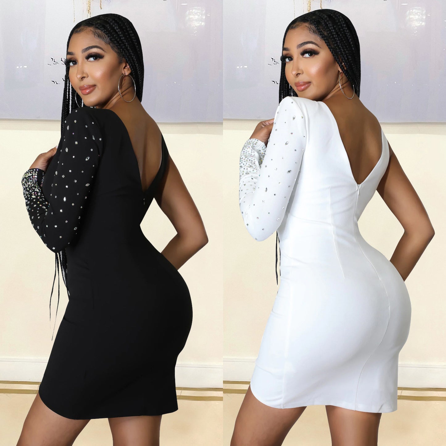 Women's Skinny Hot Diamond One Shoulder Dress