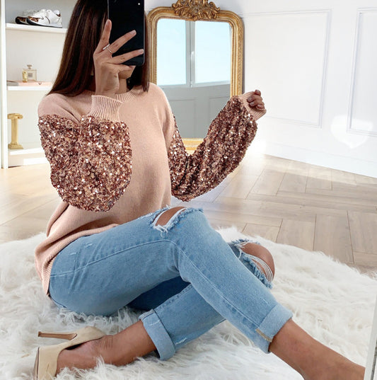 Round Neck Sequined Top Long Sleeve Women