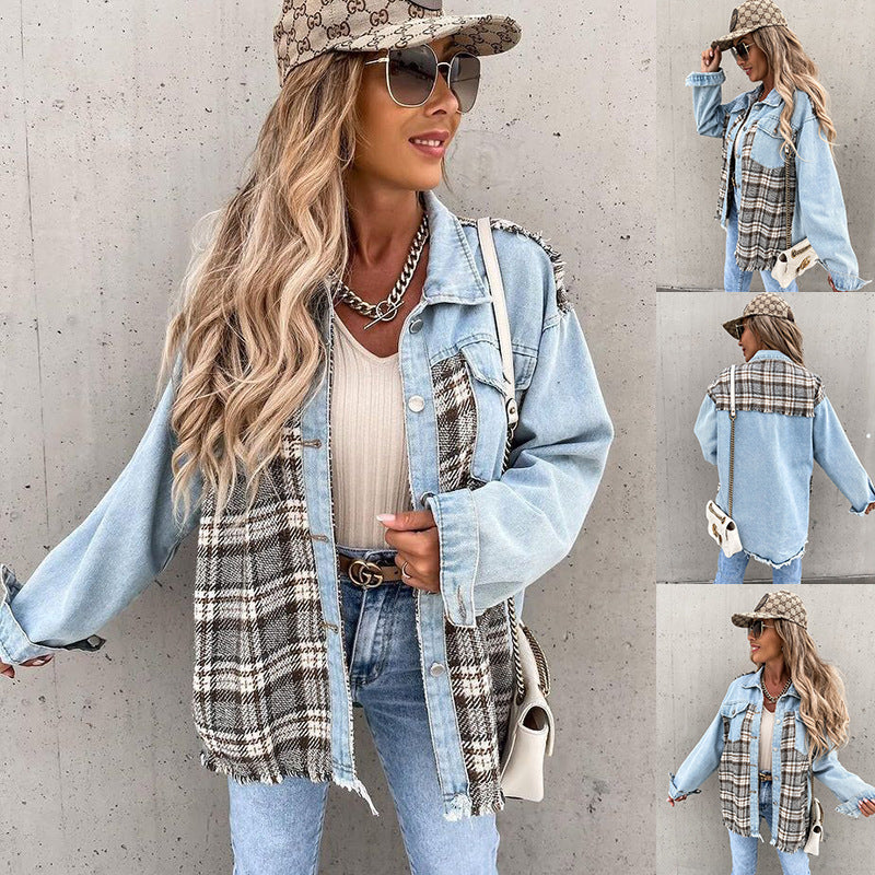 Denim Stitching Plaid Coat Loose Top Women