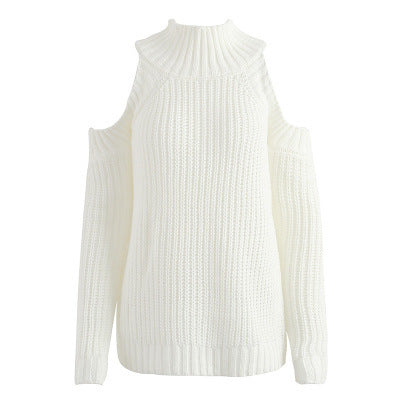 Shoulder Plain Pullover Knitted Sweater For Women