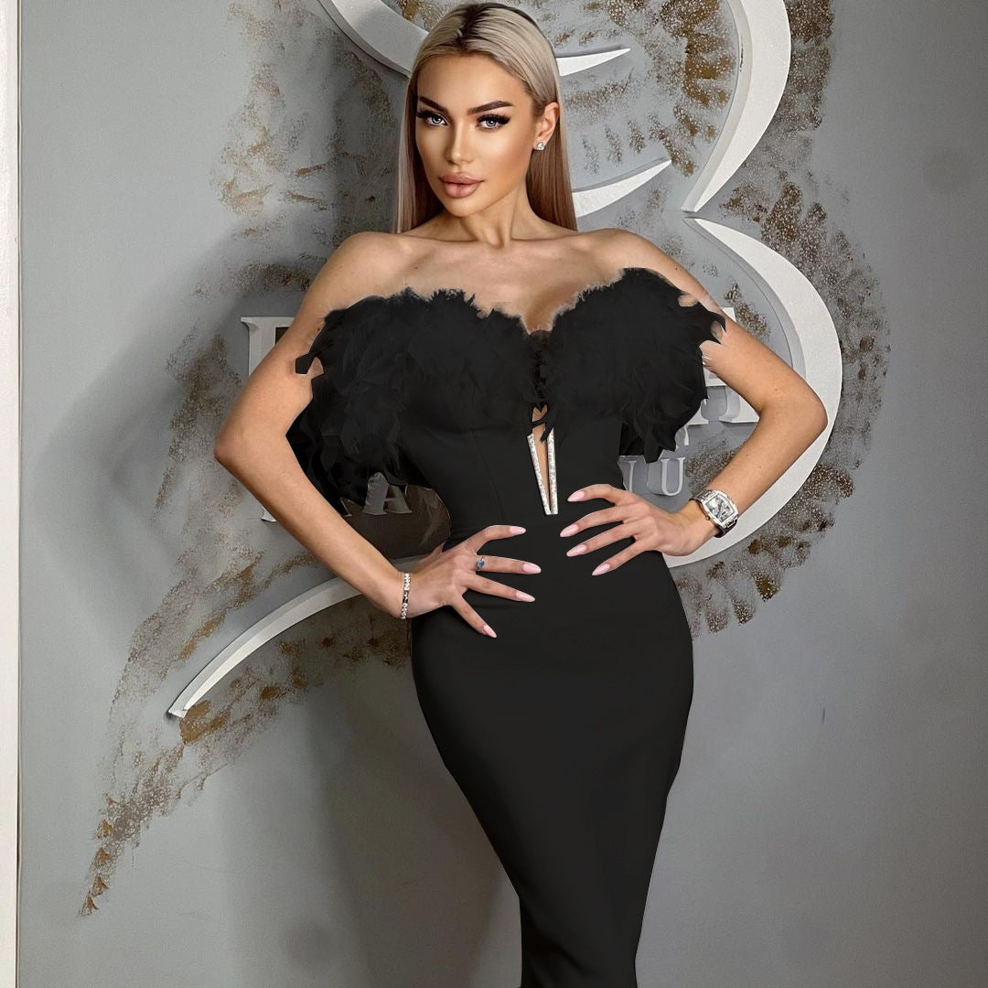 European And American Fashion High-end Affordable Luxury Diamond Feather Elegant French Bandage One-piece Dress