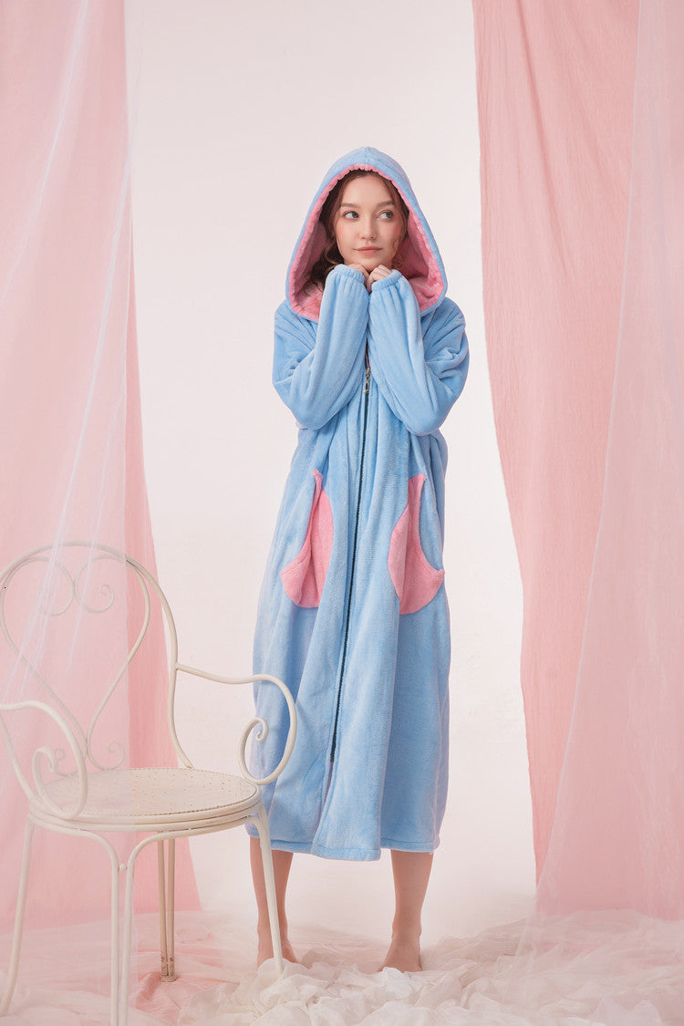 Thick Coral Fleece Button Nightdress Women's Cardigan Extra Long Sleep