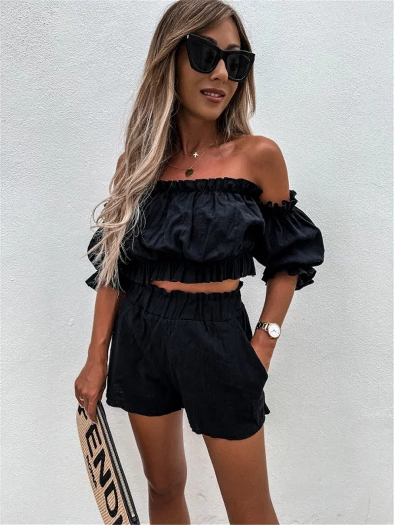 Women Wrapped Chest Short Style Top Shorts One Line Shoulder Two-piece Set