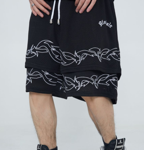 American Street Basketball Shorts Men Thorns Embroidered Double Layer