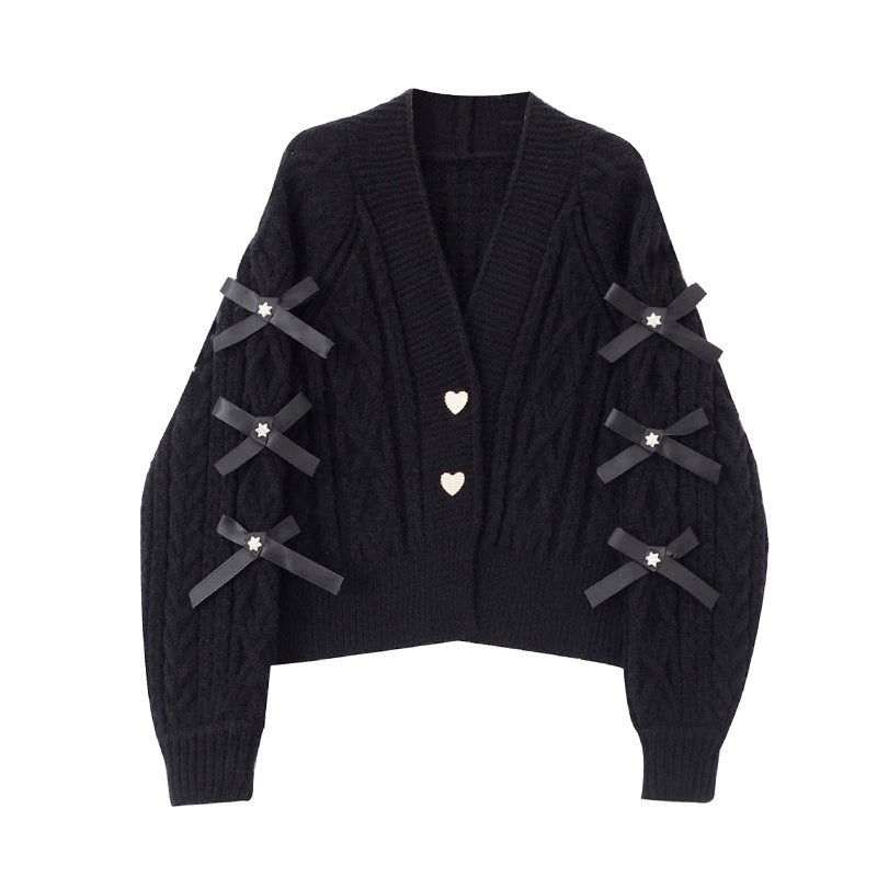 Gentle Wind Bowknot Knitted Cardigan Women's Autumn Clothing V-neck Sweater Women Jacket