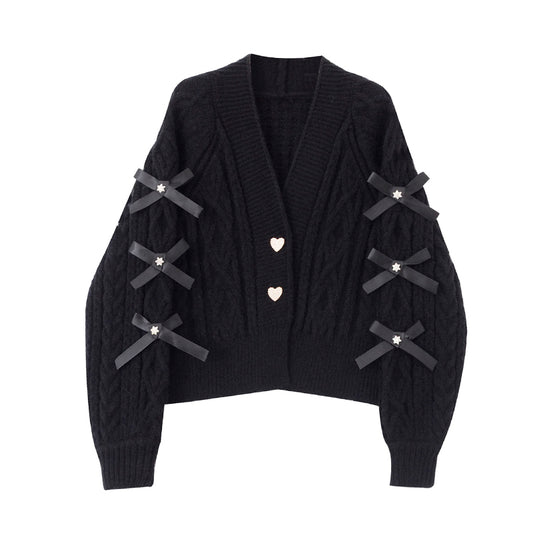 Gentle Wind Bowknot Knitted Cardigan Women's Autumn Clothing V-neck Sweater Women Jacket