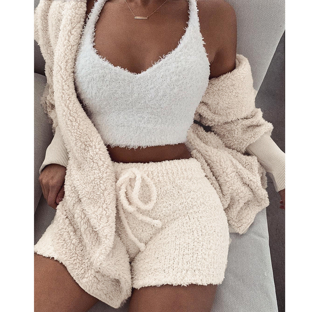 Adogirl Women Fleece Plush Casual Two Piece Set Long Sleeve Hooded Cardigan Coat Autumn Winter Outwear  Shorts Fashion Outfits