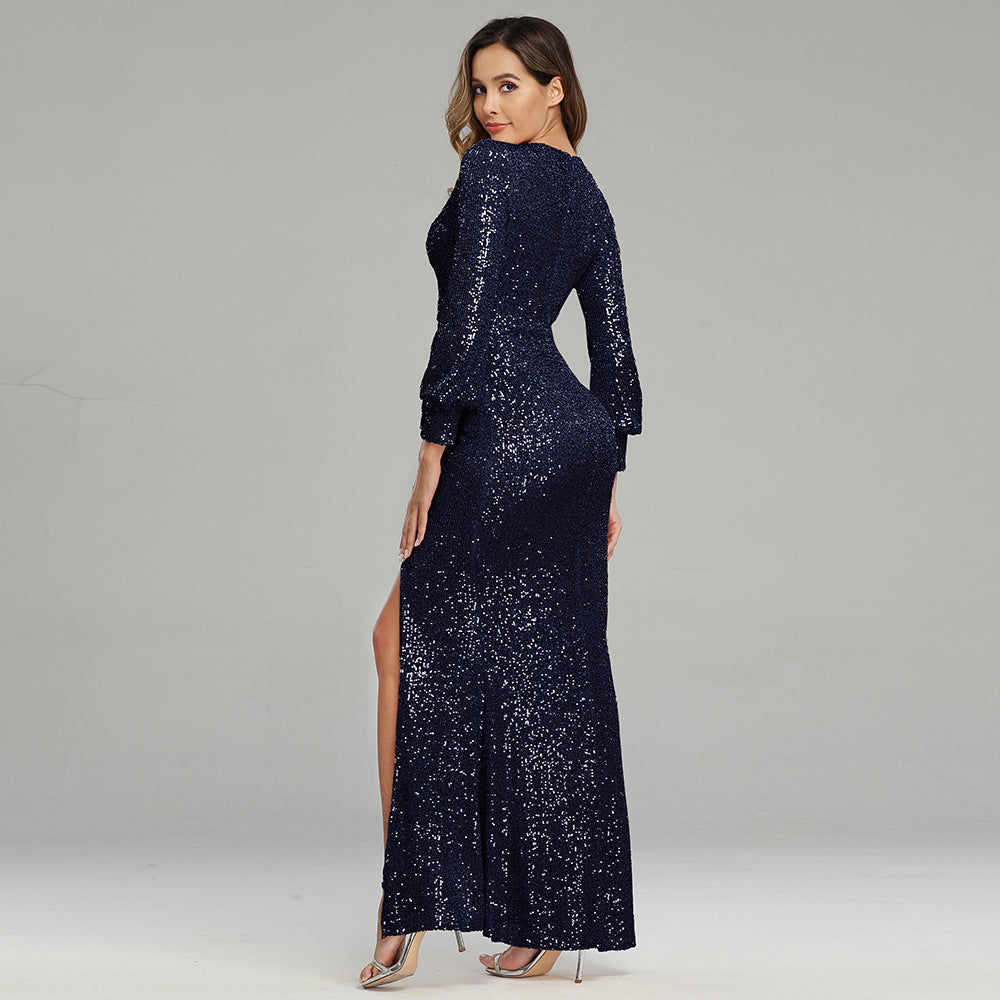 High Slit Long Sleeve Sequined Banquet Evening Dress Women