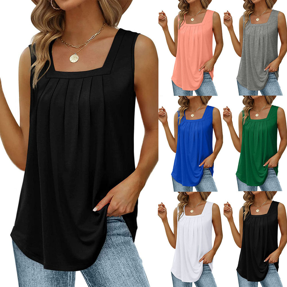 Summer Tank Tops For Women Loose Fit Pleated Square Neck Sleeveless