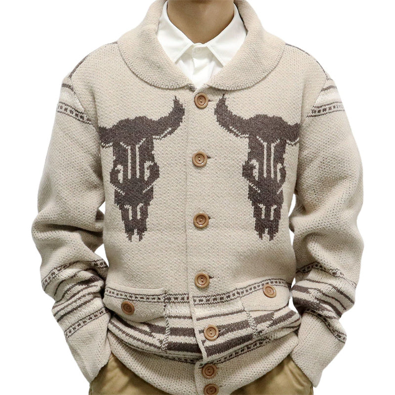 Casual Fashion Vintage Jacquard Knitted Jacket Long-sleeved Lapel Button Sweater Men