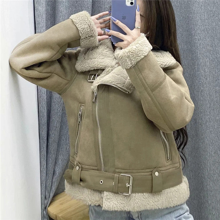 Autumn And Winter New European And American Style Suede Surface Fur Integrated Lamb Fur Warm Coat Motorcycle Clothing Women