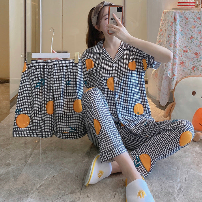 Fruit Pajamas Women's Summer Thin Short-sleeved Trousers Milk Silk Cute Loungewear Three-piece Suit