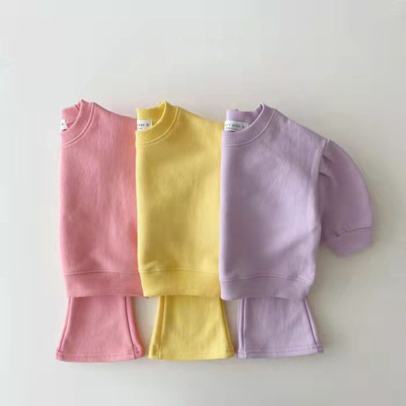 Korean Style Children's Clothing Infant Toddler Spring And Autumn Girls Cotton Suit Baby Candy Color Trendy Children Sweater Pants Two-piece Set