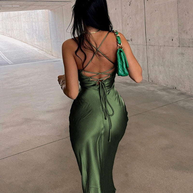 Lady Sexy Strap Backless Solid Color Elegant Dress