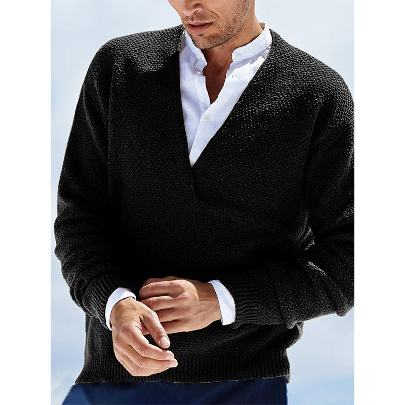 Solid Color Long-sleeved V-neck Knitted Men's Sweater