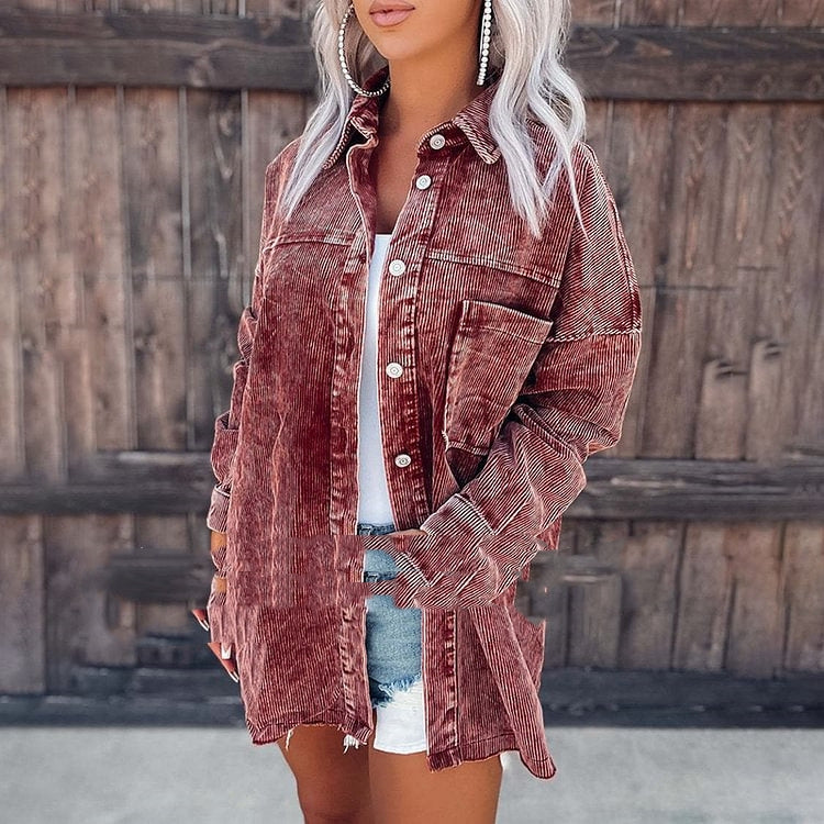 Retro Distressed Corduroy Shirt Jacket Coat For Women